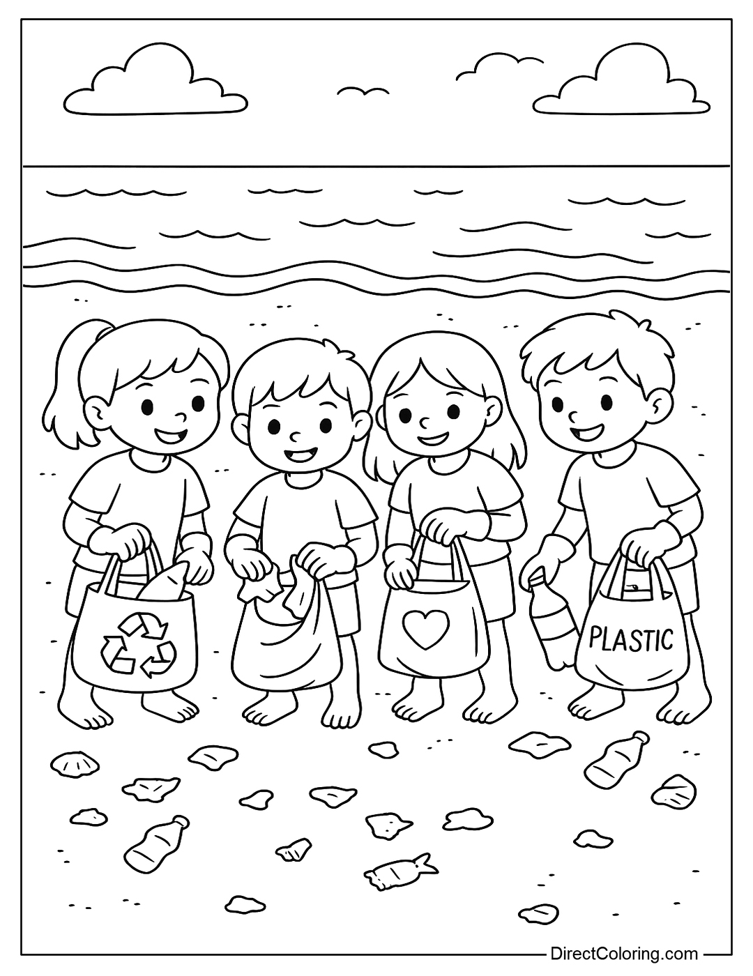 a beach coloring page with a group of little friends wearing gloves, picking up trash, and carrying sorting bags